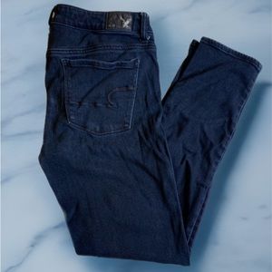American Eagle jeans, dark denim, skinny, super soft, stretchy, navy stitching